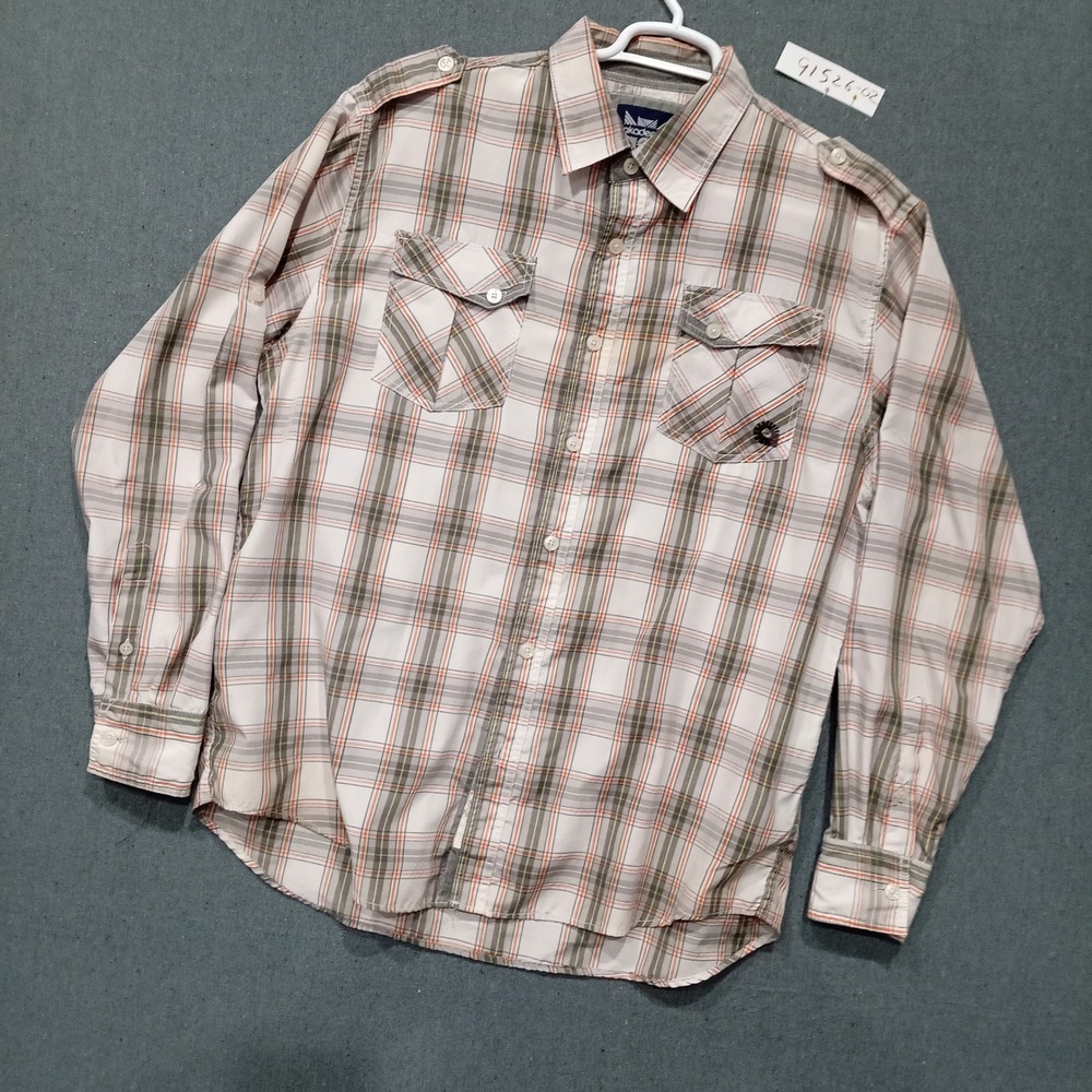 Akademiks Mens 2XL Plaid Button Down Shirt Orange Grey Long Sleeve Epaulettes